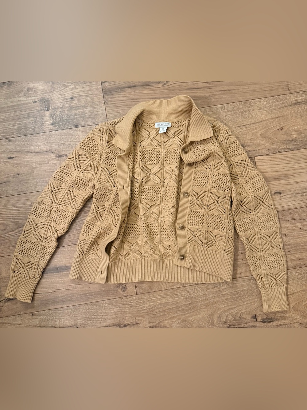 RACHEL ZOE Womens Tan Open-Knit Button Cardigan Sweater